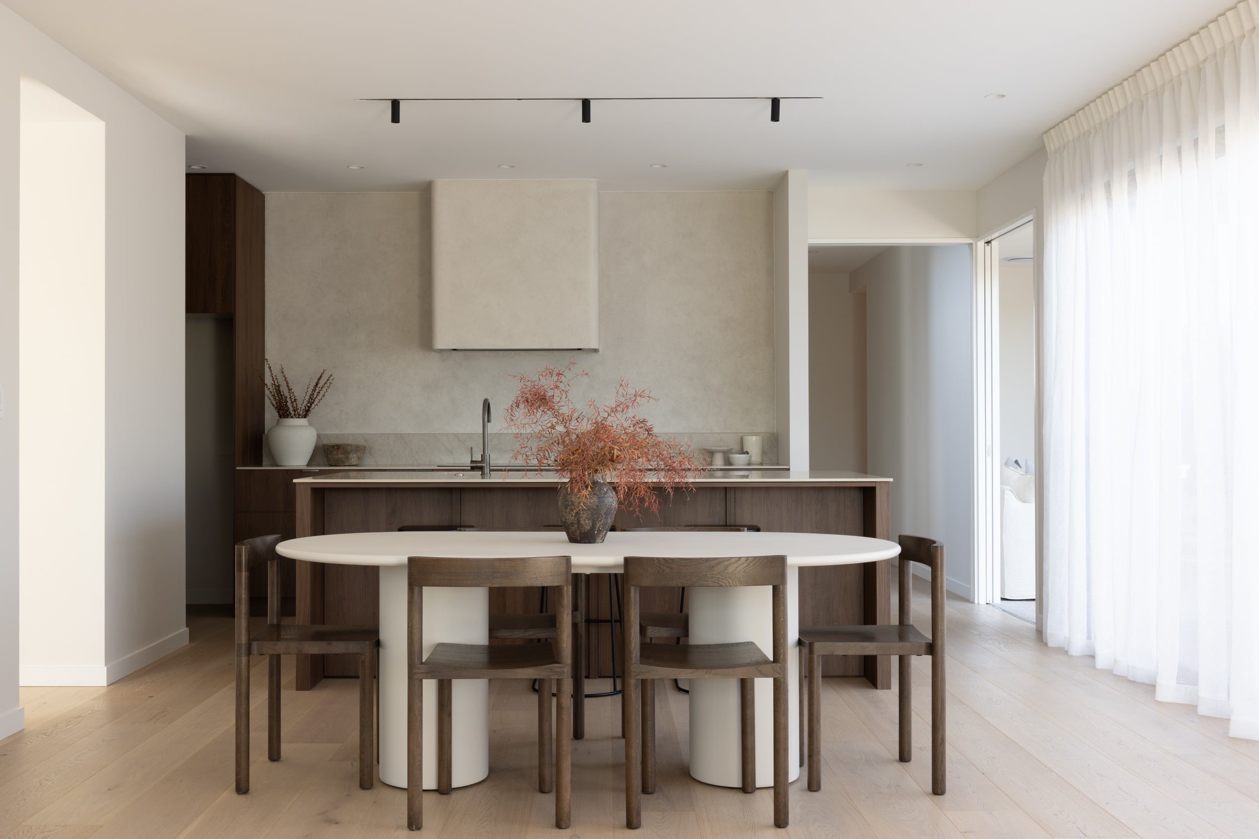 Blanc Oak flooring through an open dining and kitchen space at Watford Street, Christchurch