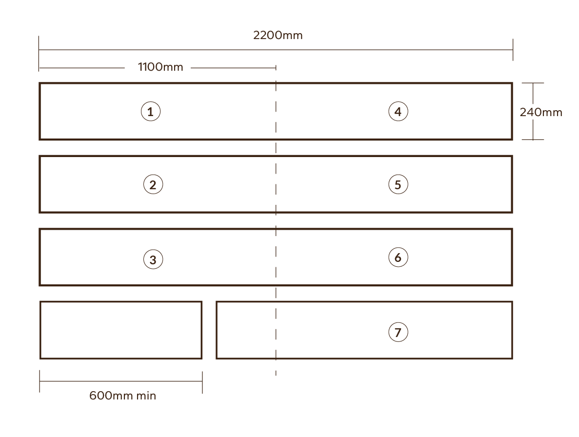 Plank layout of a box of Marchand stair boards, three full planks and two part planks