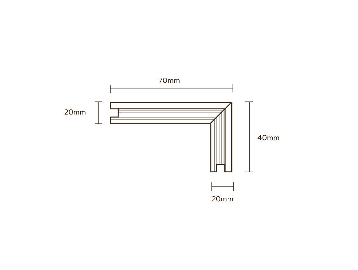 Section through the Marchand bull nose stair nosing, 70mm deep by 40mm high on a 20mm board
